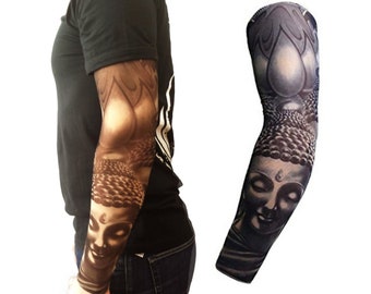 Full sleeve realistic temporary tattoo nylon stocking arm warmer Buddha Tribal Black Mens Womens Kids Cycling Sports Fancy dress