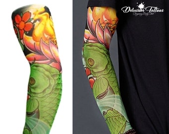 Full sleeve realistic temporary tattoo nylon stocking arm warmer Koi Carp Lotus Flowers Mens Womens Kids Cycling Sports Fancy dress