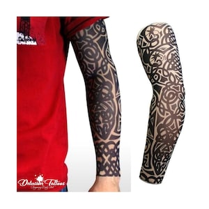 Full sleeve realistic temporary tattoo nylon stocking arm warmer Tribal Celtic Black Pattern Mens Womens Kids Cycling Sports Fancy dress image 1