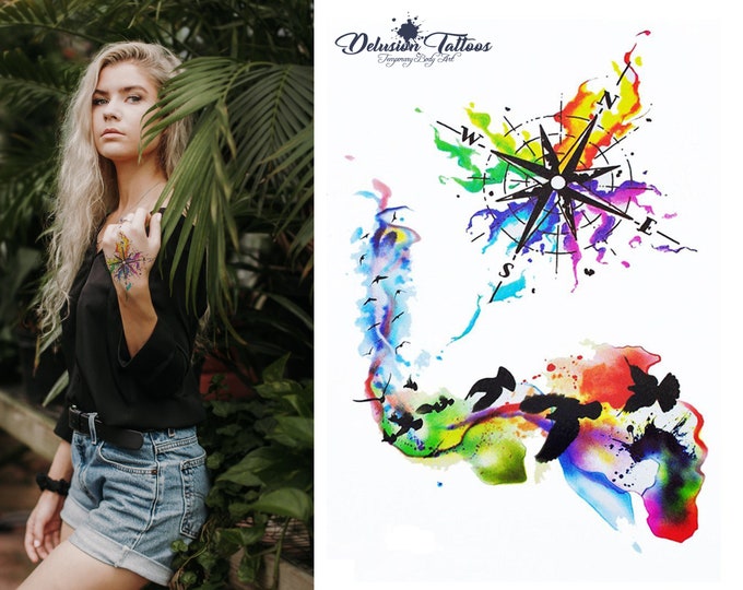 2 Bunte Kompass-Tattoos Mit Vögeln & Wasserfarben-Look – Temporäre XL-Tattoos Für Skin Art