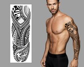 Polynesian Temporary Tattoo Sleeve - Tribal Maori Samoan Full Arm Black Waterproof Transfer for Men Women Kids Fancy Dress Fake Tattoo
