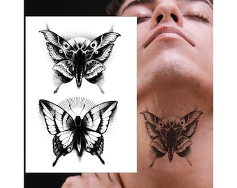 Black Dot-work Butterflies Temporary Tattoo - Butterfly Neck Arm Leg Women Kids Waterproof Fake Transfer Tattoo