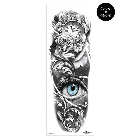 Eye on Time Temporary Tattoo Sleeve Clock Blue Eye Full Arm 