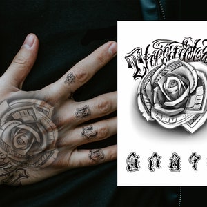 Conjunto de tatuajes temporales de mano de rosa futurista, amor, letras, dedo, Halloween, hombres, mujeres, niños, impermeable, negro