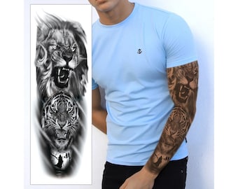 Lion and Tiger Temporary Tattoo Sleeve - Big Cats Full Arm Black Waterproof Transfer for Men Women Kids Fancy Dress Fake Tattoo