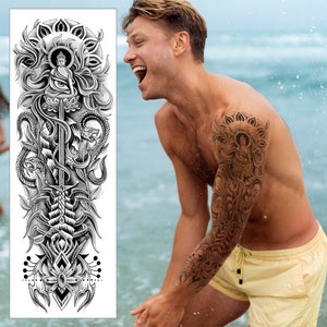 Buddha Dagger & Snakes Temporary Tattoo Sleeve -Eye Full Arm Black Grey Waterproof Transfer for Men Women Kids Halloween Fancy Dress