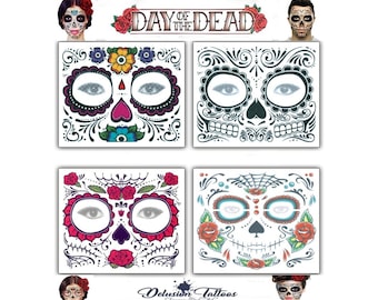 Dag van de Doden gezichtsmasker tijdelijke tattoo set Día de los Muertos Mexicaanse suikerschedel Halloween themafeest festival heren dames kinderen