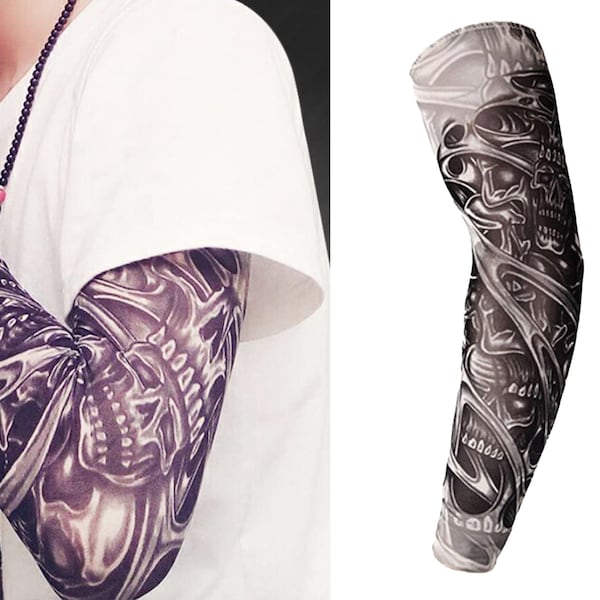Full sleeve realistic temporary tattoo nylon stocking arm warmer 3D Skulls Black Mens Womens Kids Cycling Sports Fancy dress