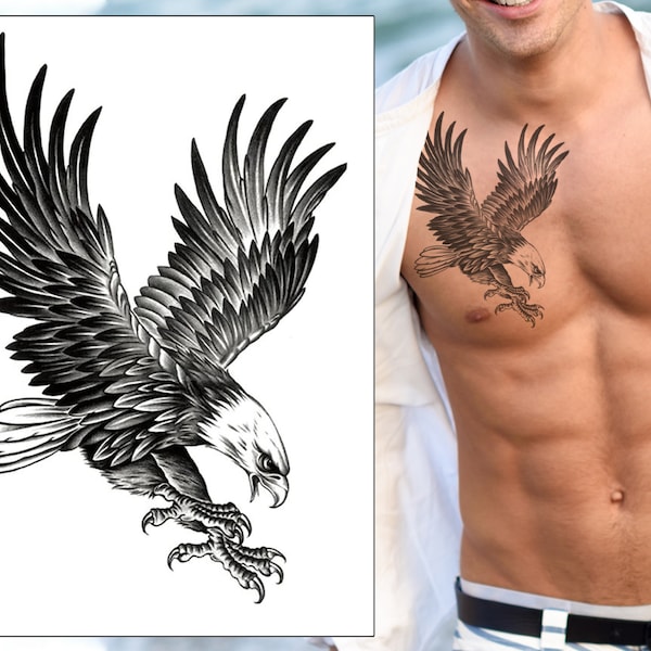 Bald Eagle Temporary Tattoo - Bird Traditional Transfer Grey Waterproof Realistic Arm Leg Thigh Back Body Art Sticker Mens Womens Kids