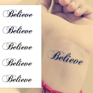 Believe Temporary Tattoos - Cytat czarno-niebieski, ucho, szyja, kostka, palec, fałszywy tatuaż, transfer naklejki, mężczyźni, kobiety, dzieci Opakowanie 2 arkuszy