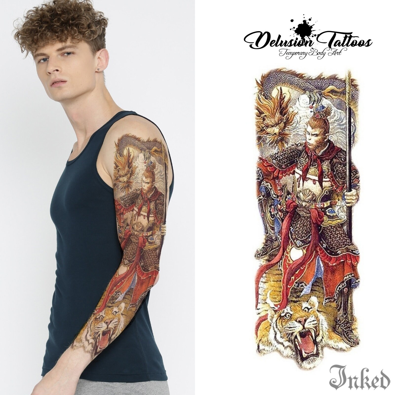 Full Arm Sleeve Realistic Temporary Tattoo Sun Wukong Monkey King Ape Design With Tiger Fake Tattoo Full Arm Sleeve Realistic Temporary Tattoo Sun Wukong Monkey King Ape Design With Tiger Fake Tattoo