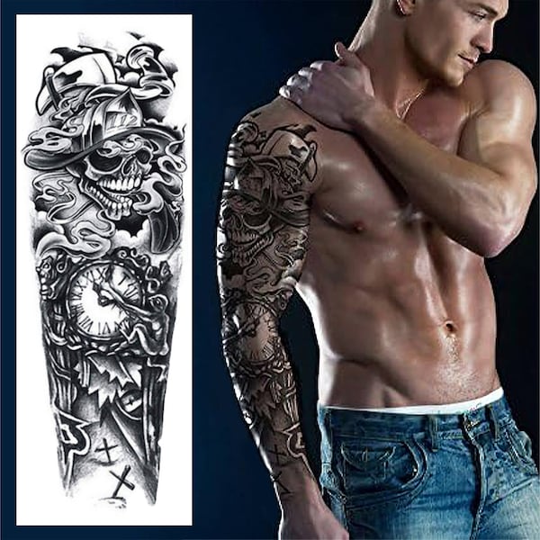 Love & Hate Temporary Tattoo Sleeve - Gun Roses Fire Tattooist Full Arm Black Waterproof Transfer Men Women Kids Halloween Fancy Dress