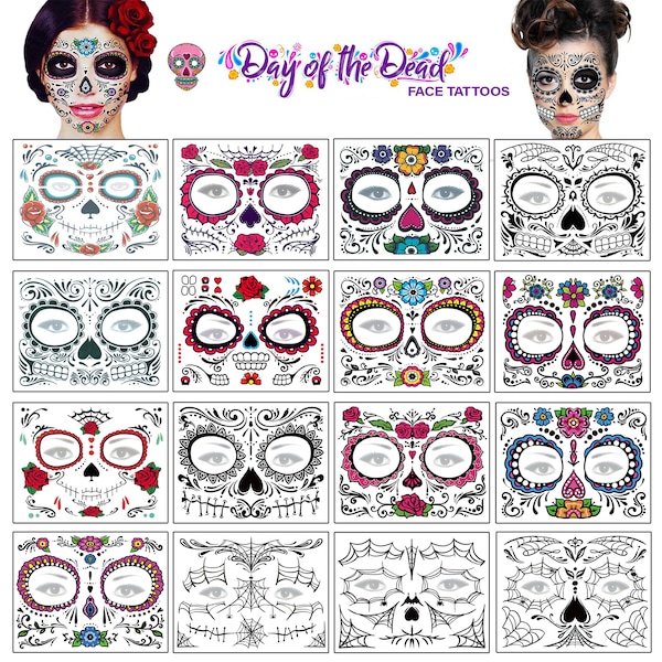 Ensembles de tatouage temporaire avec masque facial Jour des morts Día de los Muertos Crâne en sucre mexicain Halloween Déguisements Party Festival Hommes Femmes Enfants