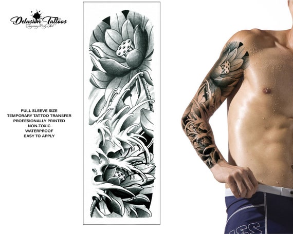 Lotus Flower Temporary Tattoo Sleeve Black Tribal Waterproof - Etsy Australia Lotus Flower Temporary Tattoo Sleeve Black Tribal Waterproof - Etsy Australia