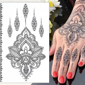 Lotus Mandala Black Henna Hand Temporary Tattoo Set - Mehndi Lace Boho EID Realistic Waterproof Transfer Sticker Body Art Women Kids