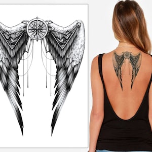 Mechanical Angel Wings Temporary Tattoo Transfer Grey Waterproof Realistic Arm Leg Thigh Back Body Art Sticker Mens Womens Kids