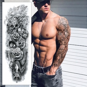 Only Time Will Tell Temporary Tattoo Sleeve -  Roses Full Arm Black Grey Waterproof Transfer for Men Women Kids Fancy Dress Fake Tattoo