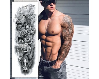 Tatouage temporaire sur la manche - Roses sur tout le bras, noir gris, transfert imperméable pour homme, femme, déguisement, faux tatouage