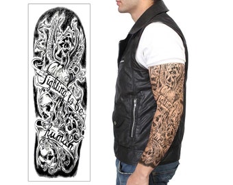 Fighting To Be Human Temporary Tattoo Sleeve - Rockstar Black Full Arm Black Waterproof Transfer for Men Women Kids Halloween Fancy Dress