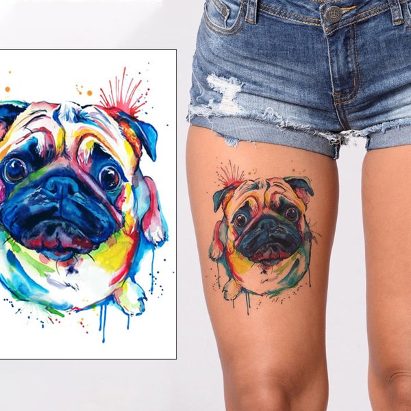 Tatouage temporaire carlin couleur splash - Autocollant de transfert imperméable réaliste de chien, art corporel hommes femmes enfants
