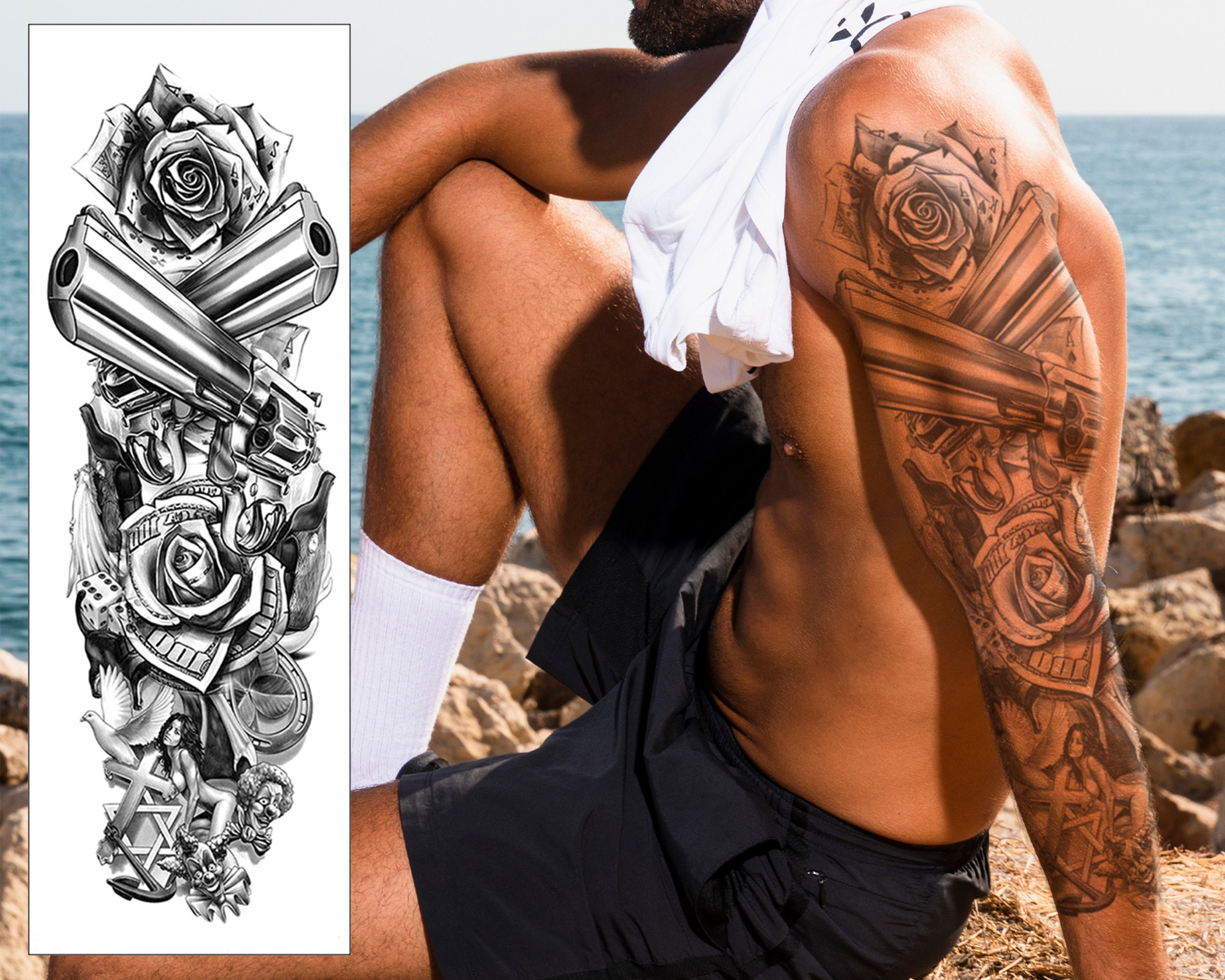 Fake Temporary Tattoo Sleeve Nylon Arm Stocking Black Gangster