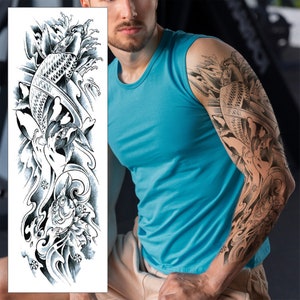 Koi Carp River Temporary Tattoo Sleeve - Japanese Flower Fish Full Arm Black Blue Waterproof Transfer Men Women Kids Halloween Fancy Dress
