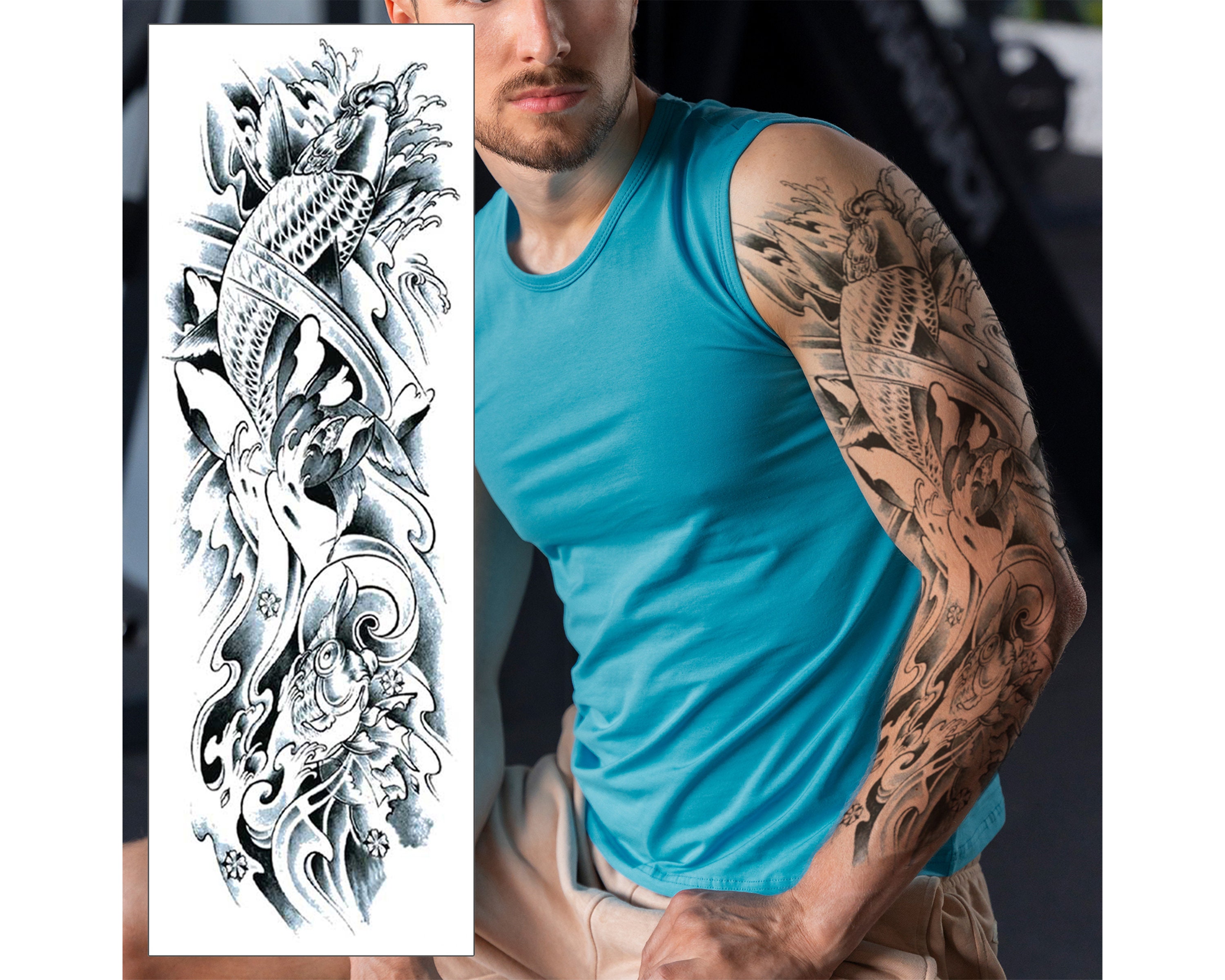Koi Karper Rivier Tijdelijke Tattoo Mouw - Japanse Bloem Vis Volledige Arm  Zwart Blauw Waterdichte Transfer Mannen Vrouwen Kinderen Halloween Fancy  Dress - Etsy België, image size:3000x2400