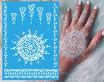 Mandala indio sol blanco henna mano tatuaje temporal conjunto - Mehndi encaje Boho EID realista impermeable transferencia pegatina cuerpo arte mujeres niños
