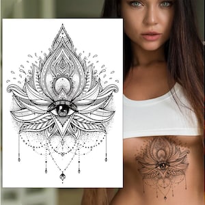 Lotus Mandala Eye Chains Petals Tymczasowy Tatuaż - Pod Biustem Mostek Klatka Piersiowa Udo Mandala Kobiety Dzieci Wodoodporny Fałszywy Transfer