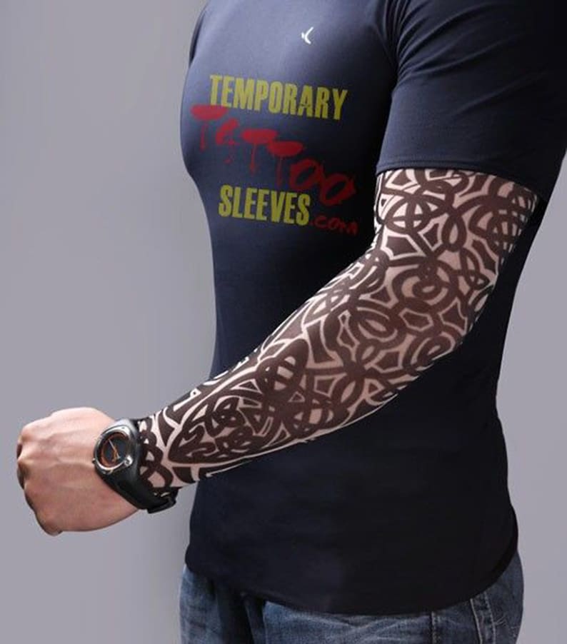 Full sleeve realistic temporary tattoo nylon stocking arm warmer Tribal Celtic Black Pattern Mens Womens Kids Cycling Sports Fancy dress image 5