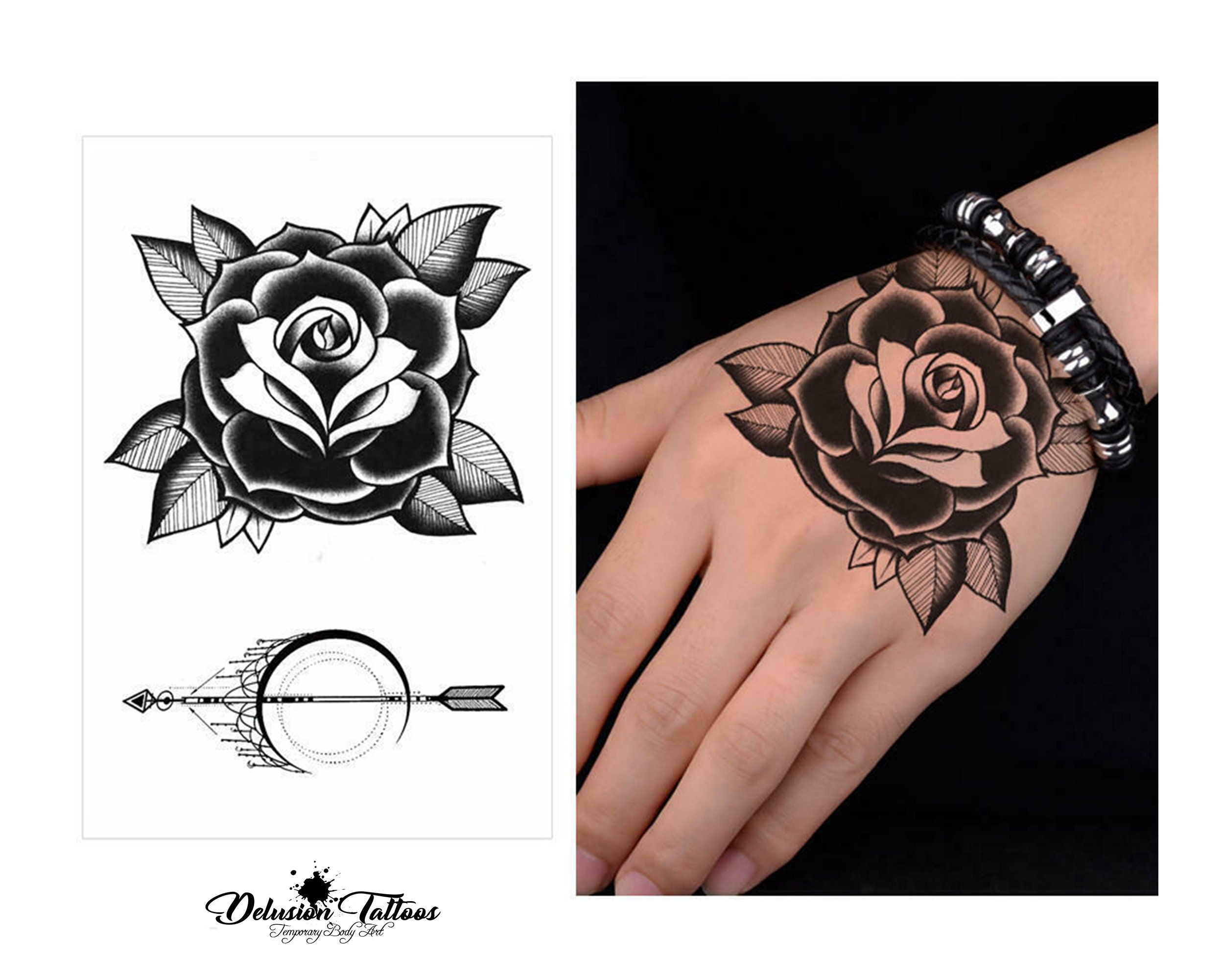 Tatouage Rose Avec Date De Naissance Ensemble de tatouage temporaire Rose & Arrow Lune Henné - Etsy France