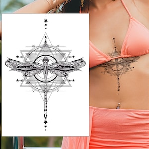 Dragonfly Geometric Star Temporary Tattoo - Underboob Sternum Chest Thigh Mandala Women Kids Waterproof Fake Transfer