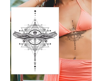 Dragonfly Geometric Star Temporary Tattoo - Underboob Sternum Chest Thigh Mandala Women Kids Waterproof Fake Transfer