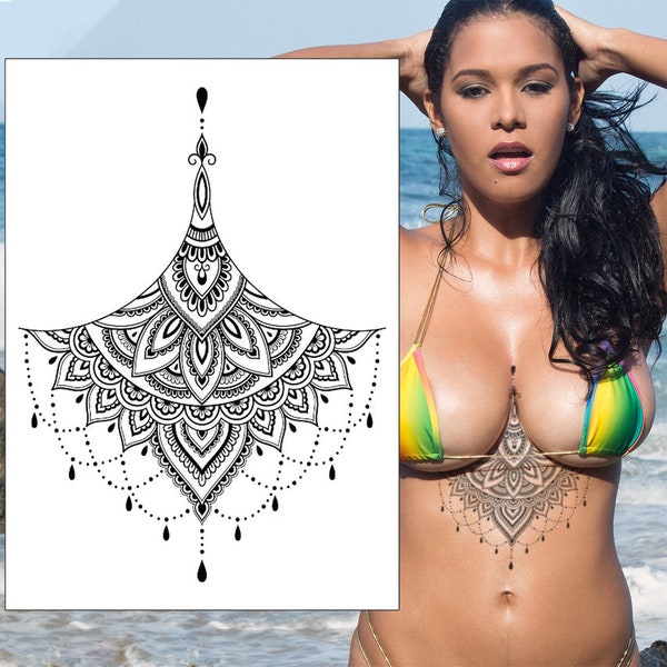 Lotus Mandala Temporary Tattoo Large Black Henna Chain Tear Drop Arabic For Underboob Chest Sternum Back Waterproof Body Art Womens