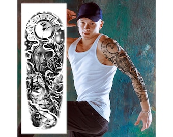 Day of the Dead Time Temporary Tattoo Sleeve - Skull Full Arm Black Grey Waterproof Transfer for Men Women Kids Fancy Dress Fake Tattoo