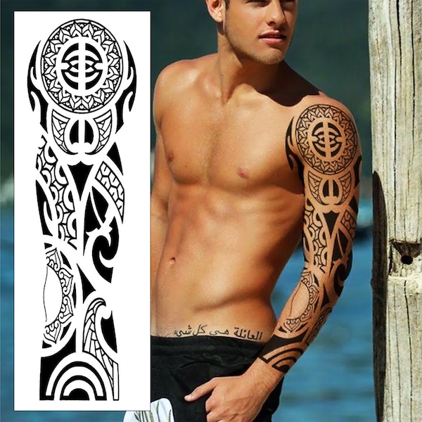 Tatouage temporaire sur la manche Maori Ta Moko - Polynésien tribal Samoan bras complet noir transfert imperméable pour hommes femmes enfants Halloween déguisements