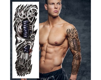 Steampunk Mechanical Temporary Tattoo Sleeve - Robotic Terminator Full Arm Black Waterproof Transfer Men Women Kids Halloween Fancy Dress