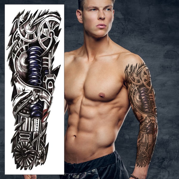 Steampunk Mechanical Temporary Tattoo Sleeve - Robotic Terminator Full Arm Black Waterproof Transfer Men Women Kids Halloween Fancy Dress