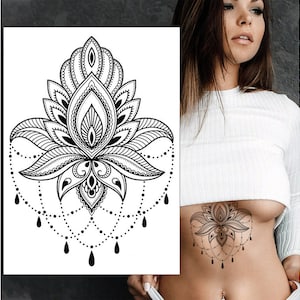 Lotus Mandala Chains Tymczasowy Tatuaż - Pod Biustem Mostek Klatka Piersiowa Udo Kwiatowa Mandala Kobiety Dzieci Wodoodporny Fałszywy Transfer
