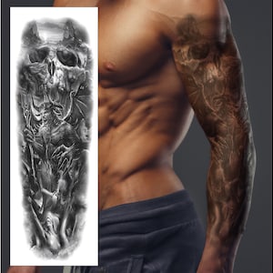 Devil Skull Mountain Temporary Tattoo Sleeve - Death Evil Full Arm Black Grey Waterproof Transfer for Men Women Kids Fancy Dress Fake Tattoo