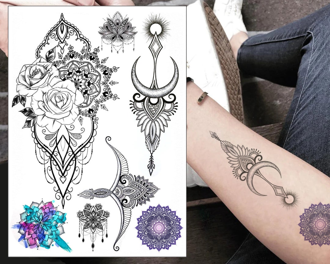 Mandala Temporäre Tattoo Set Mond Blume Boho Realistisch