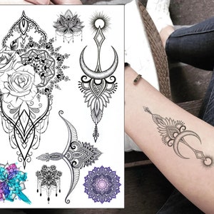 Mandala Temporäre Tattoo Set - Mond Blume Boho Realistisch Wasserdicht Transfer Aufkleber Körper Kunst Männer Frauen Kinder