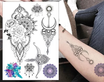 Mandala Temporäre Tattoo Set - Mond Blume Boho Realistisch Wasserdicht Transfer Aufkleber Körper Kunst Männer Frauen Kinder