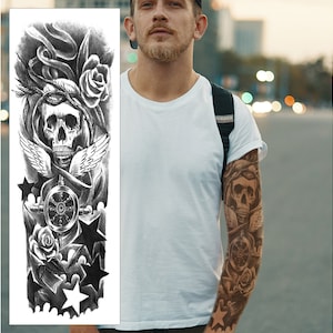 Pirate Skull Temporary Tattoo Sleeve - Black Star Full Arm Black Waterproof Transfer for Men Women Kids Halloween Fancy Dress