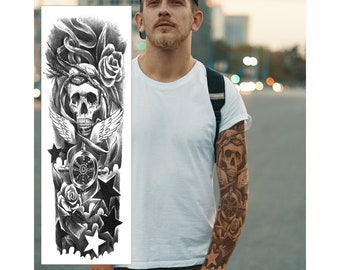 Pirate Skull Temporary Tattoo Sleeve - Black Star Full Arm Black Waterproof Transfer for Men Women Kids Halloween Fancy Dress