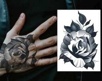 Rose Full Hand Temporary Tattoo, Traditional, Floral, Halloween, Mens, Women's, Kids, Waterproof, Black