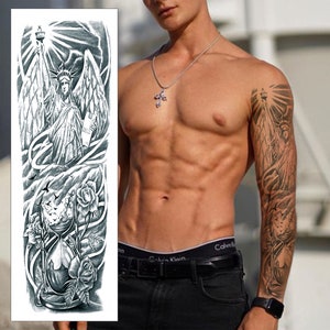 Engel von New York Temporäre Tattoo-Hülle - Freiheitsstatue Voller Arm Grau Wasserdicht Transfer für Männer Frauen Kinder Kostüm Fake Tattoo