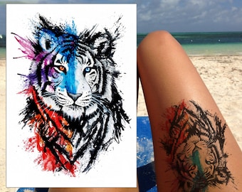 Tiger Colour Splash Temporary Tattoo transfer waterproof realistic arm leg thigh body art sticker mens women kids