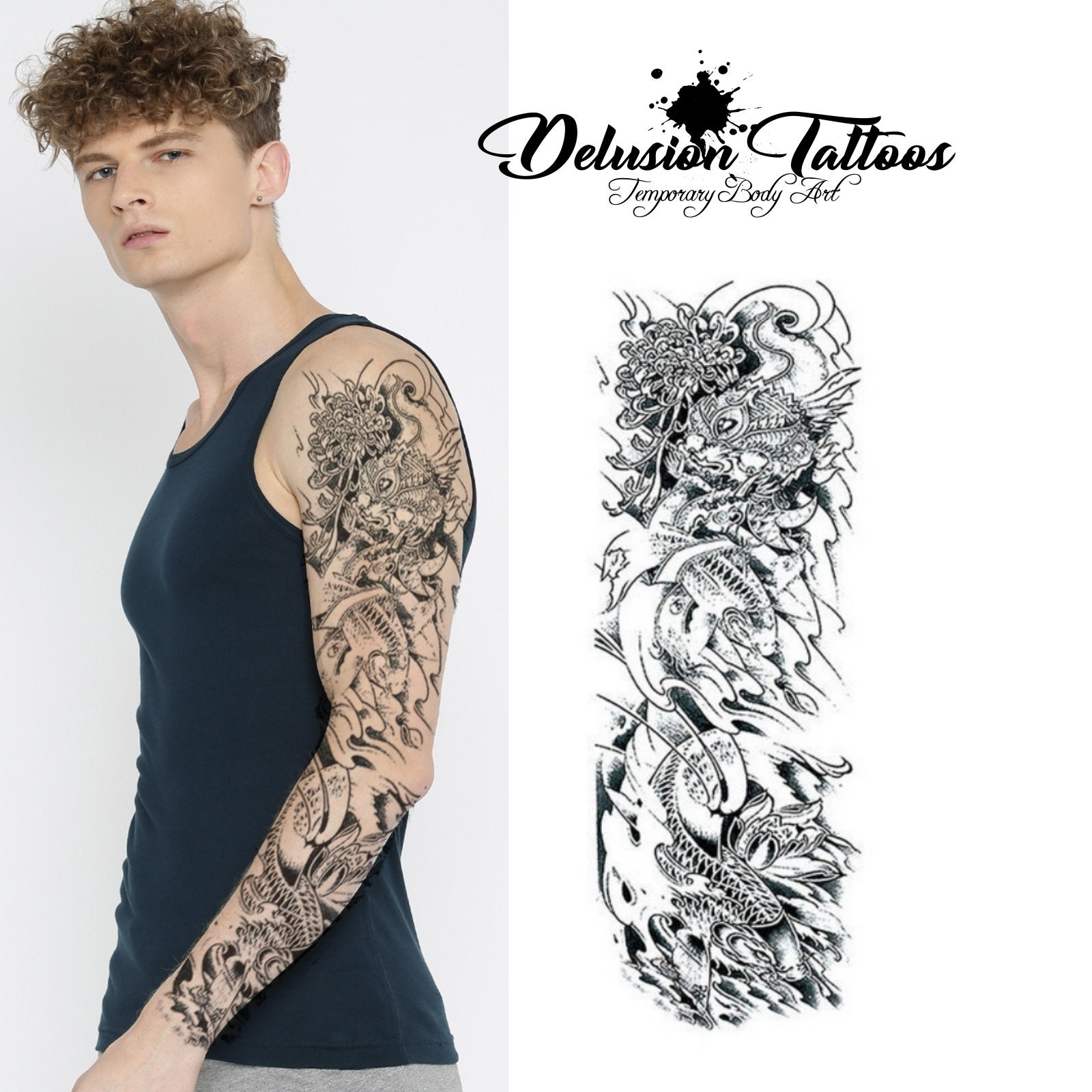 Full Arm Sleeve Realistic Temporary Tattoo Sleeve Koi Carps Etsy Full Arm Sleeve Realistic Temporary Tattoo Sleeve Koi Carps Etsy