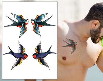 Traditional Swallows Temporary Tattoo Set - Old School Swallow Birds Realistic Waterproof Transfer Sticker Body Art Men Women Kids